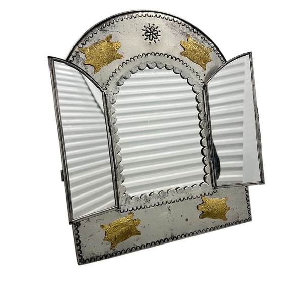 Mexican Punched Tin Wall Mirror with Doors BrassTurtle Mexican Folk Art14.5X11.5